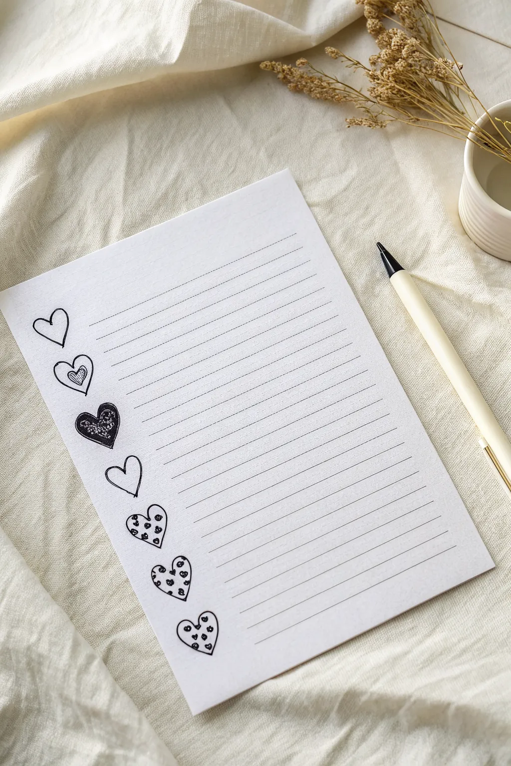 Five easy heart doodles in different styles, clean and calming for beginner drawing practice