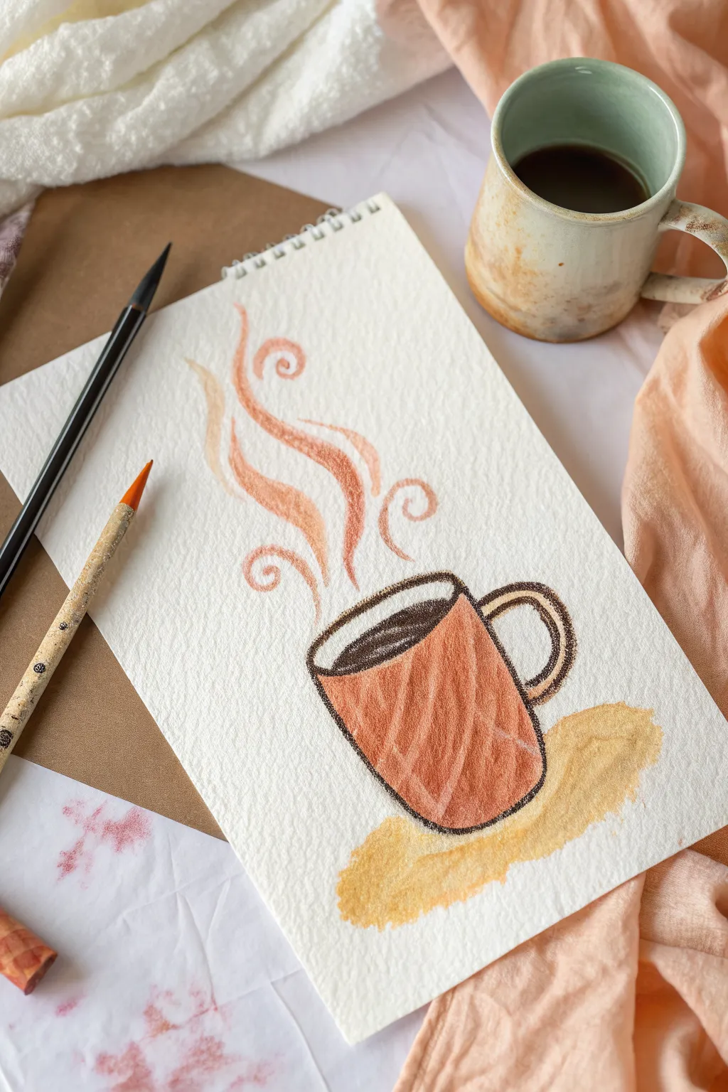 Cozy oil pastel coffee mug with swirly steam, minimalist café vibe perfect for beginners