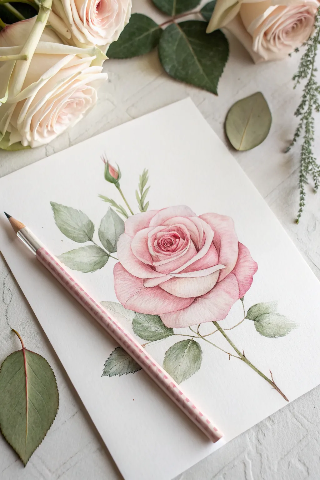 Paint a soft no-line rose with watercolor pencils using light layers and gentle wet blending