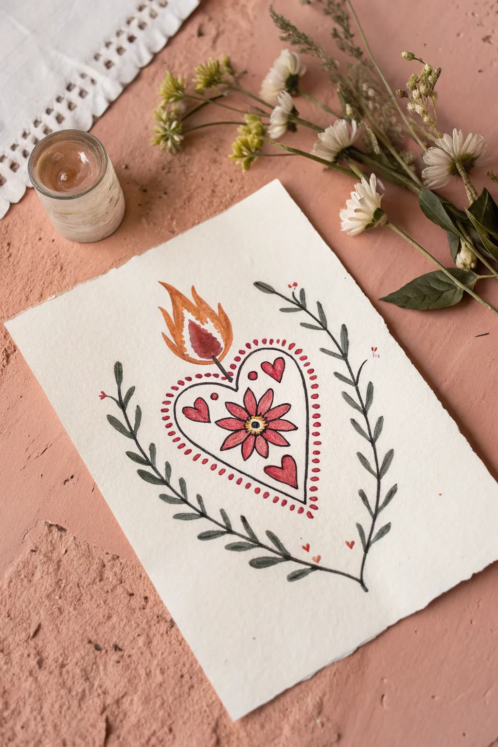 Easy sacred heart painting idea: bold lines, simple flames, and tiny flowers in warm tones