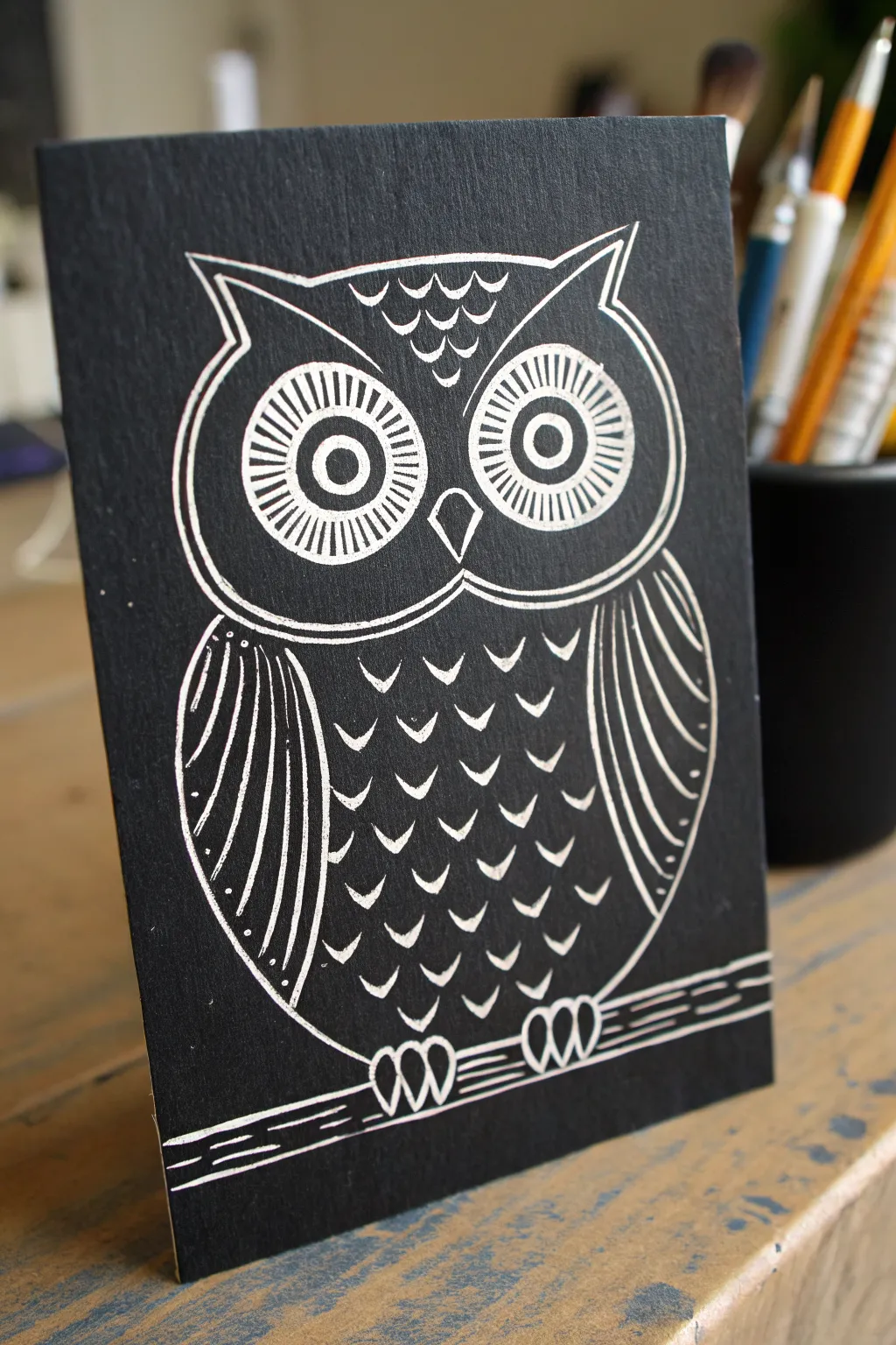 Easy scratchboard owl: big eyes and feather dots, a calm beginner pattern practice