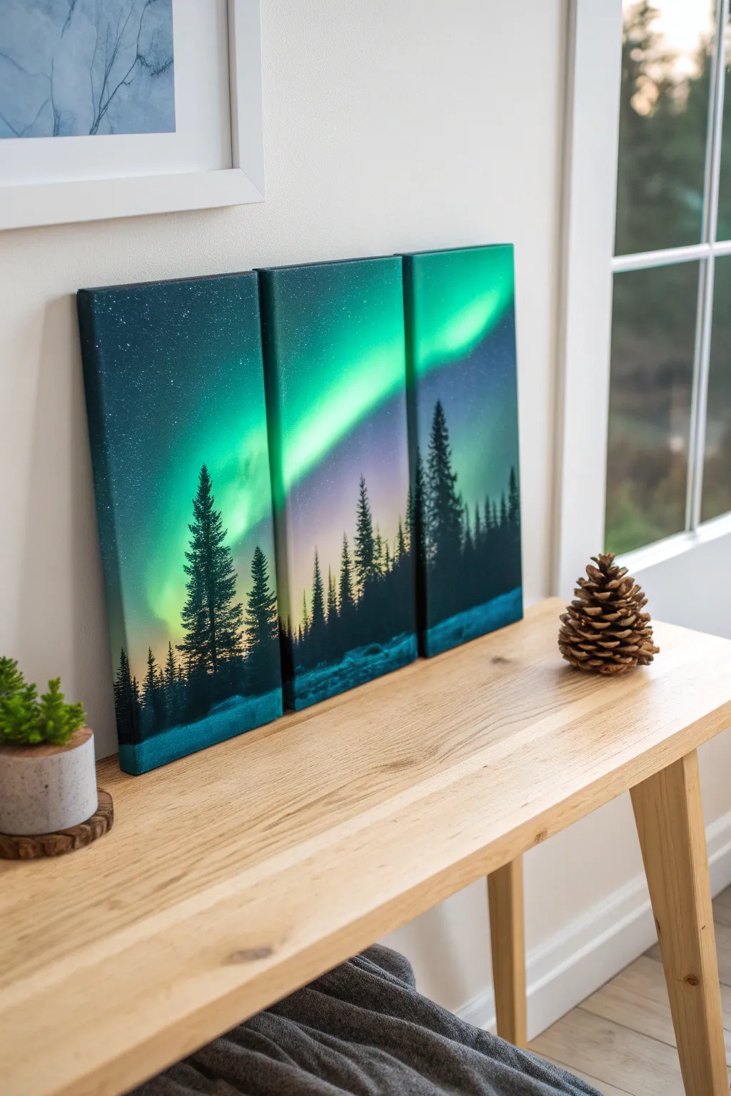 Beginner aurora forest triptych: three canvases, flowing greens and blues, simple pine silhouettes