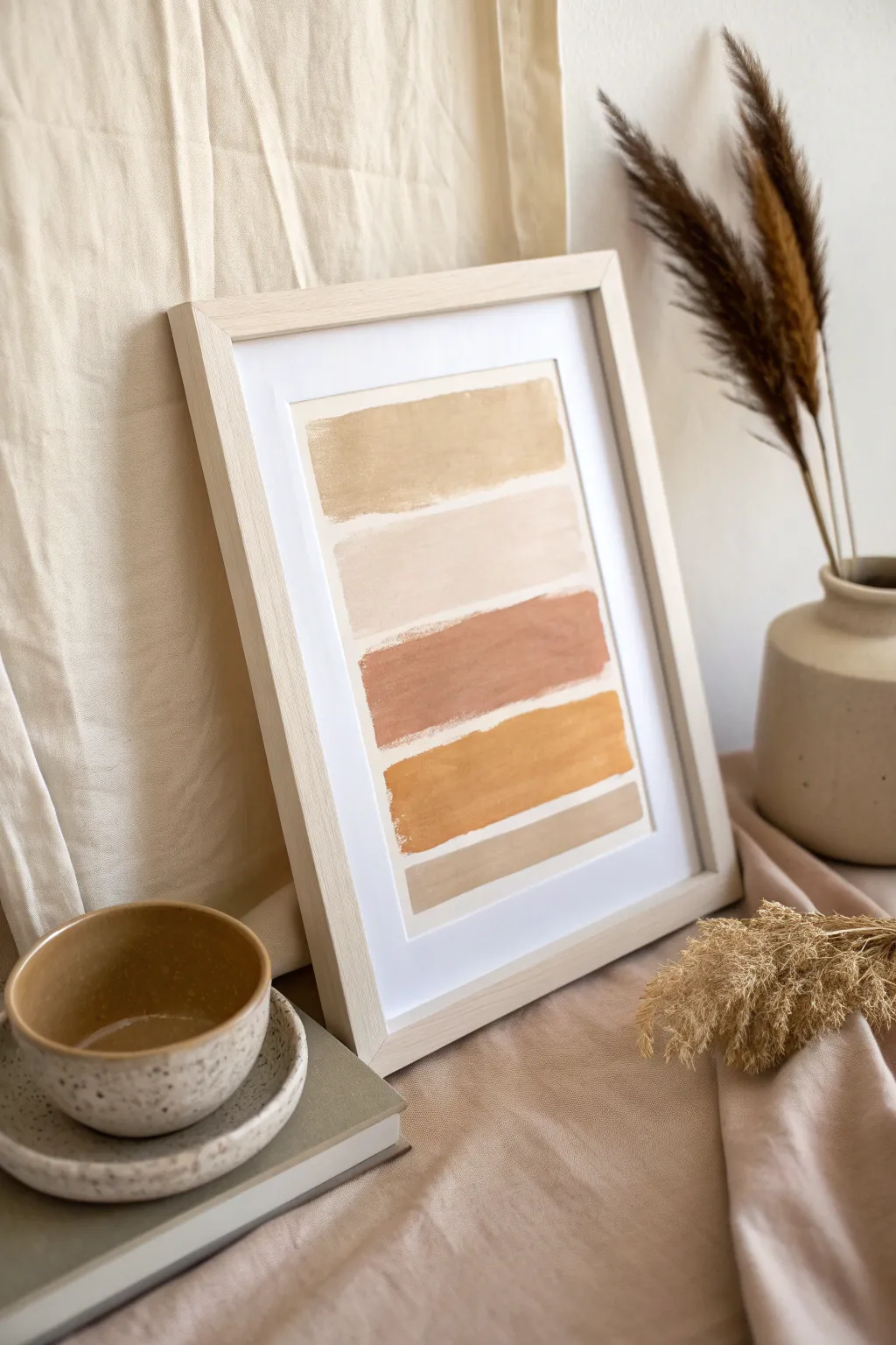 Soft clay-beige color fields, chalky matte layers, and calm Scandinavian-boho styling.