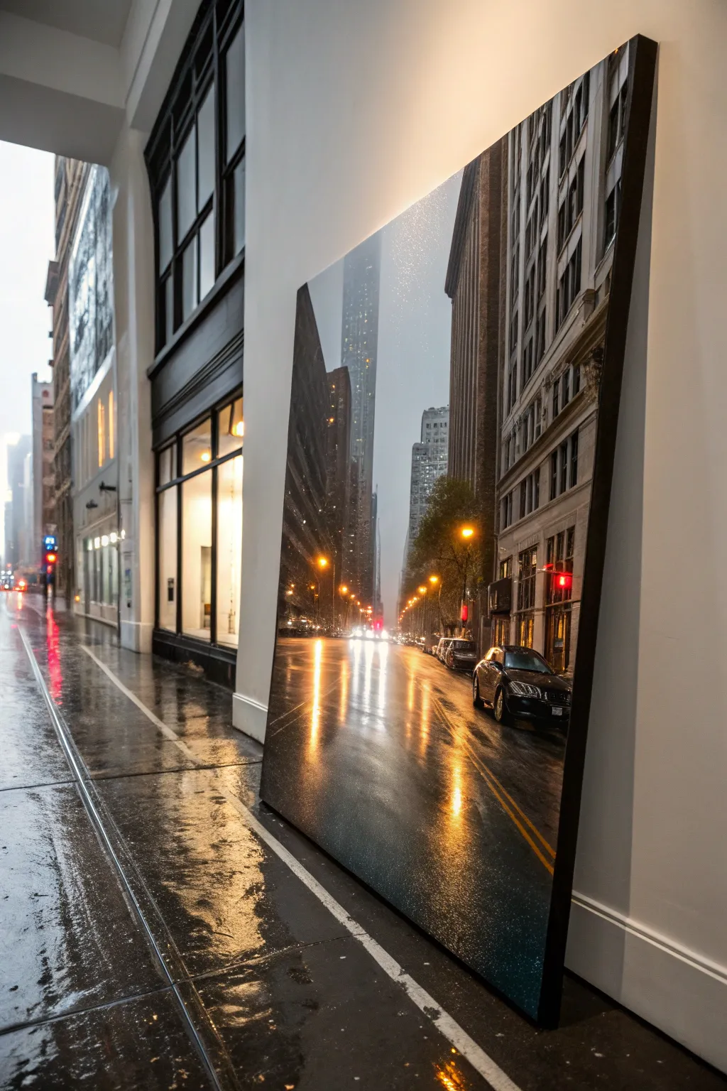 Cinematic rainy street reflections on a large canvas, minimalist styling with soft boho warmth.