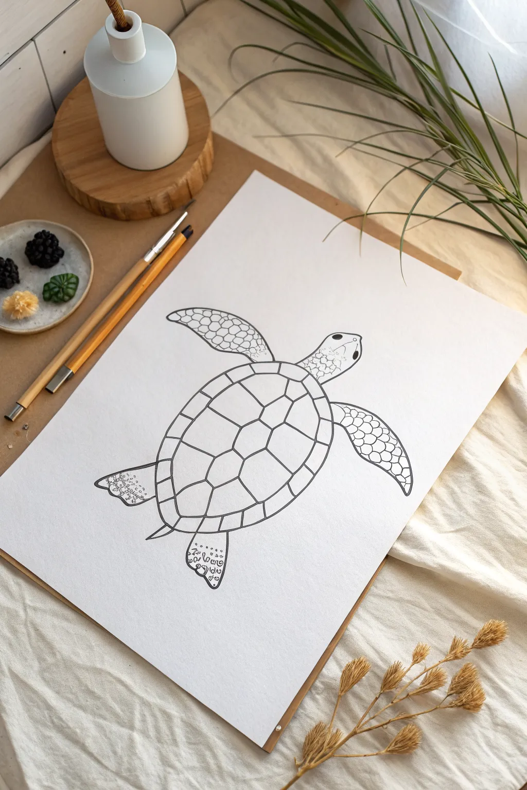 Draw a simple top view sea turtle with bold lines and chunky shell panels, perfect for beginners