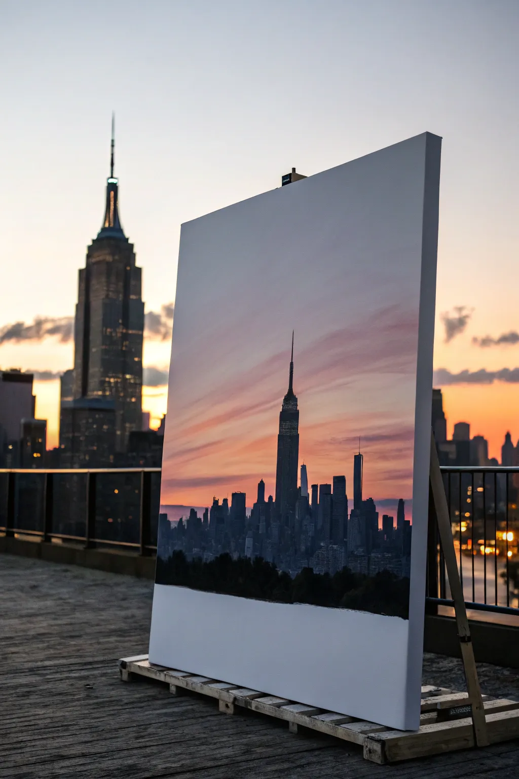 Simple city skyline at dusk: bold silhouette over a soft gradient, perfect for an easy big canvas.
