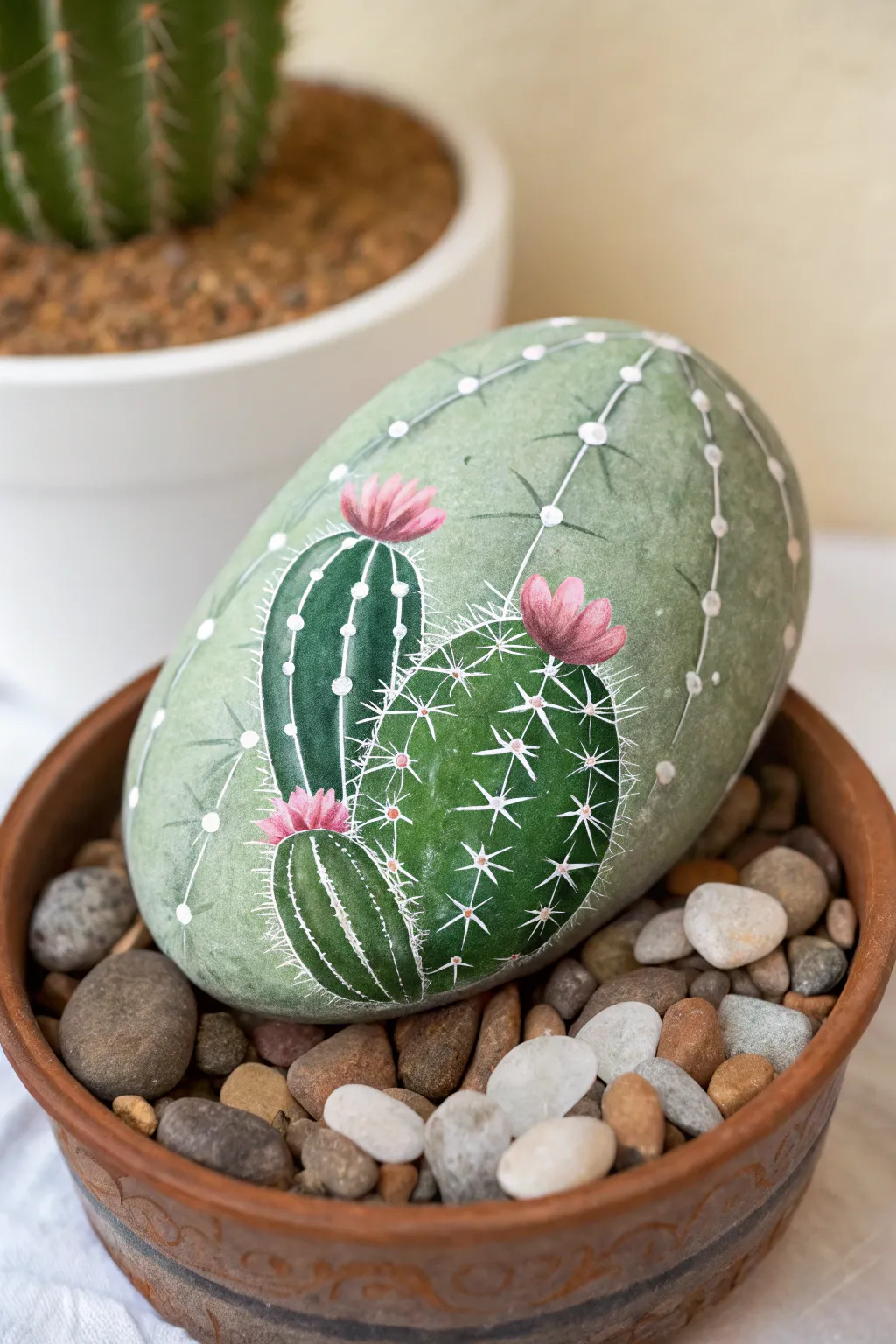 Paint a tiny cactus garden on a big rock and nestle it in pebbles for boho minimal charm.