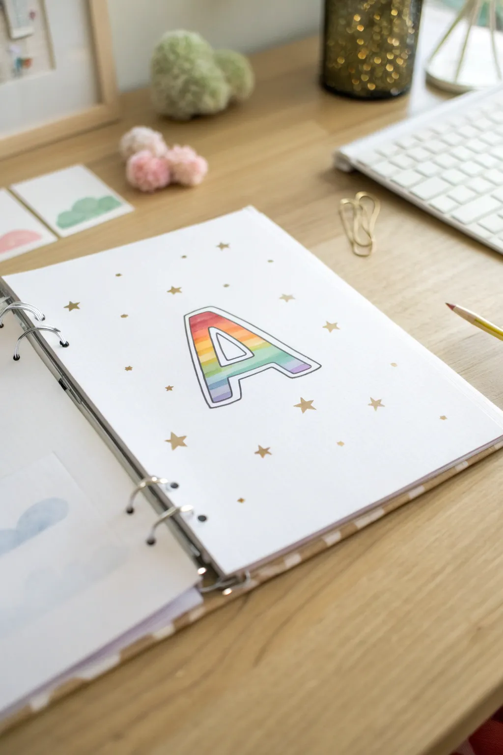 Soft rainbow gradient block letter with tiny clouds, minimalist binder art for a happy boost.