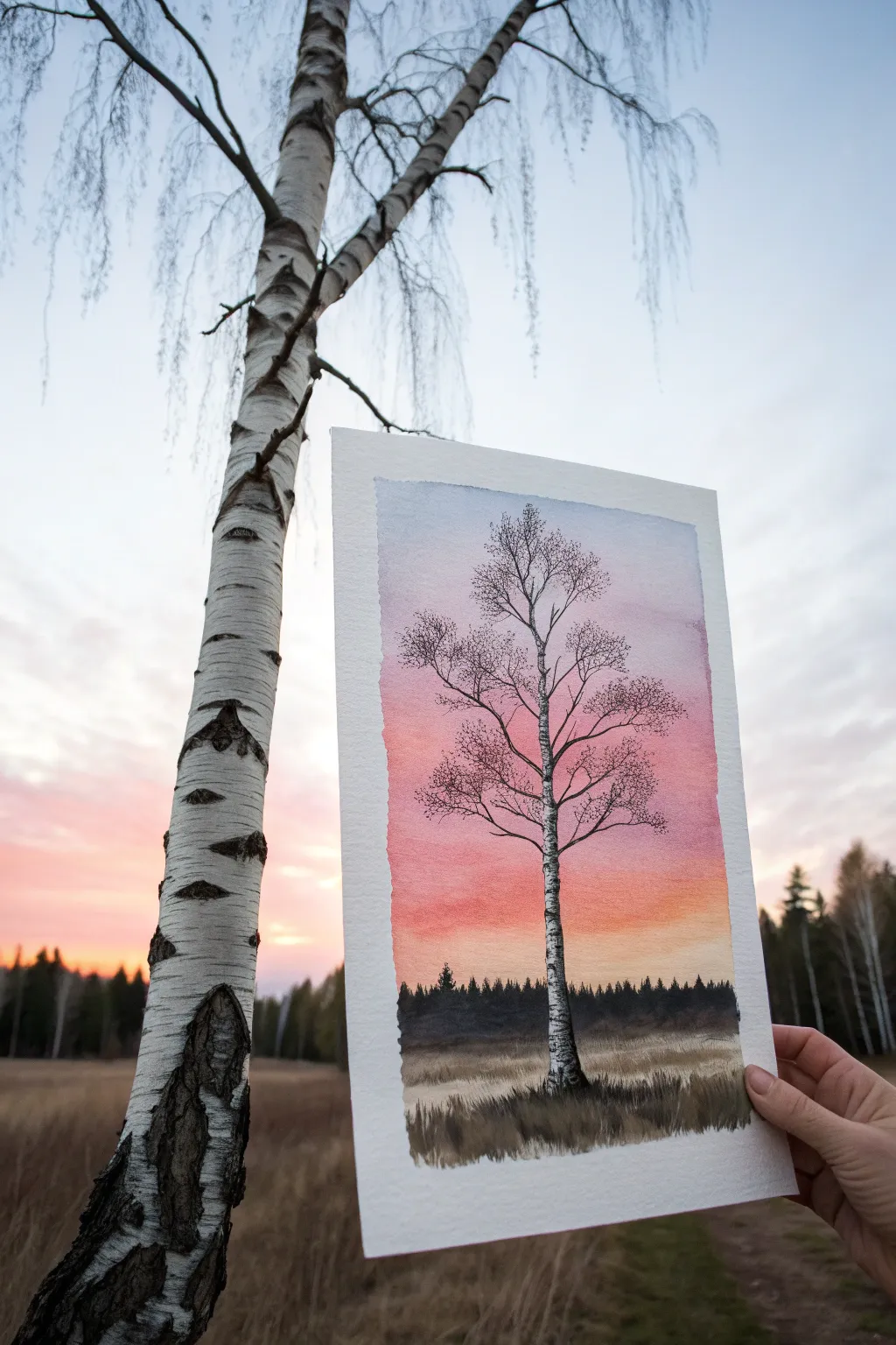A single birch trunk silhouette over a peach-pink-violet sunset wash, minimalist and calming.