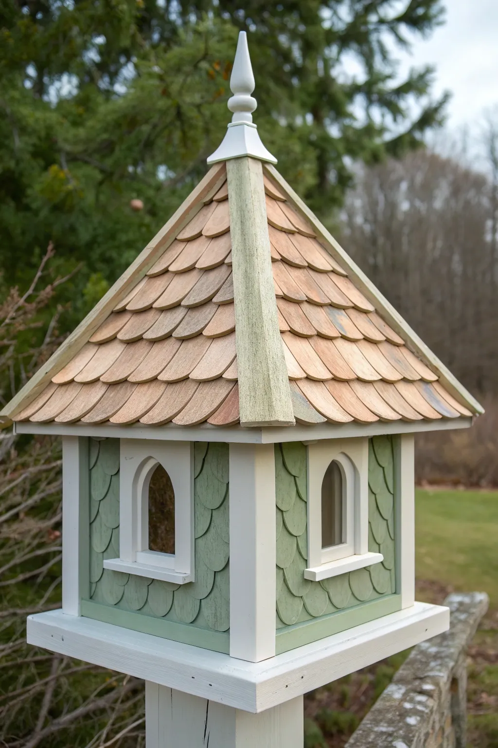 Crisp faux shingle brushwork and contrasting trim for a chic bird feeder roof detail