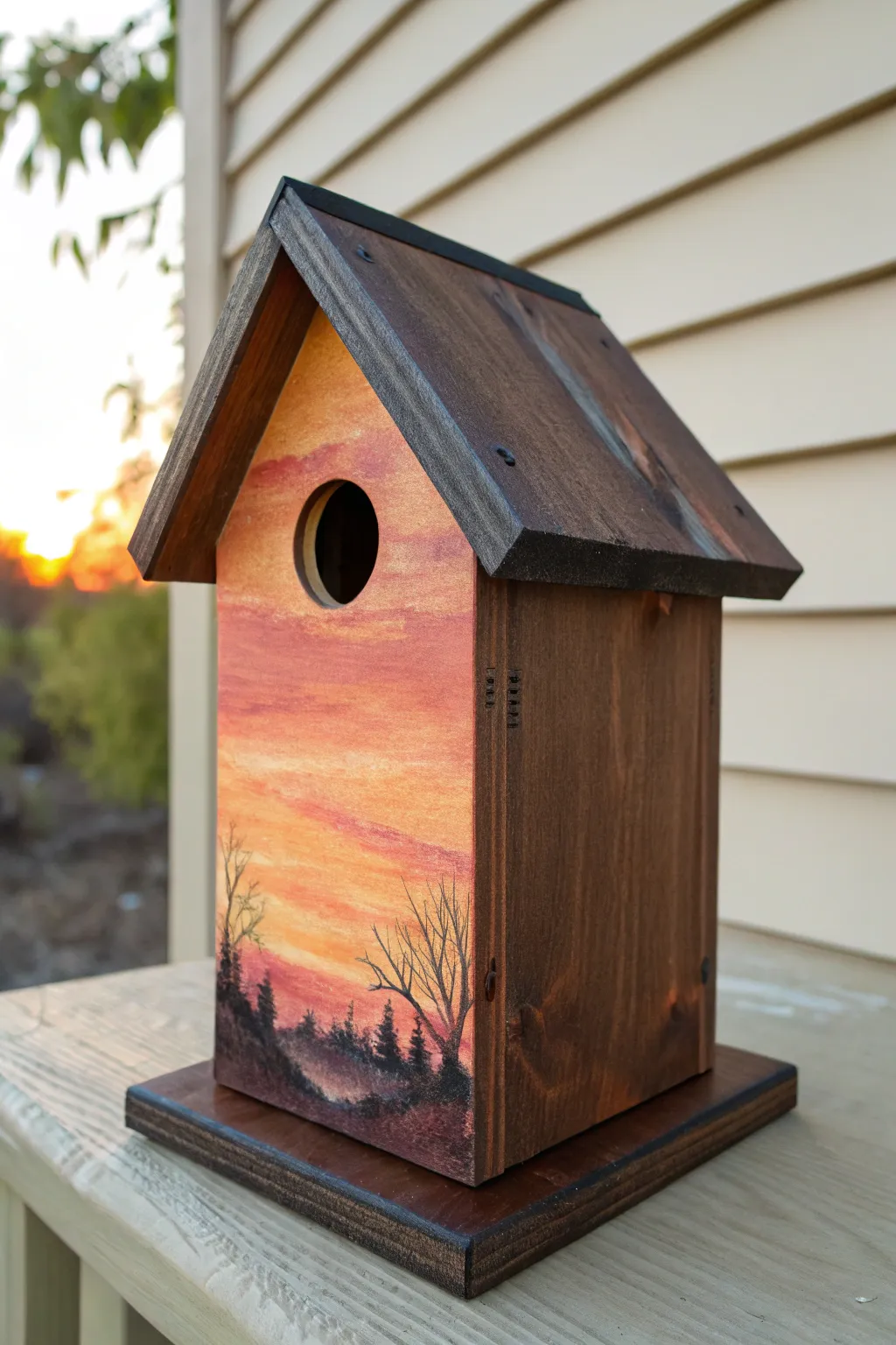 Glowy ombre sunset birdhouse in warm pink to yellow fade with a dark roof for crisp contrast.