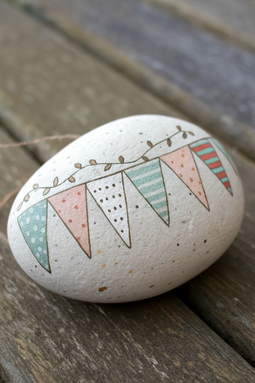 Minimal boho birthday rock featuring hand-painted pennant bunting, soft colors, and crisp contrast.