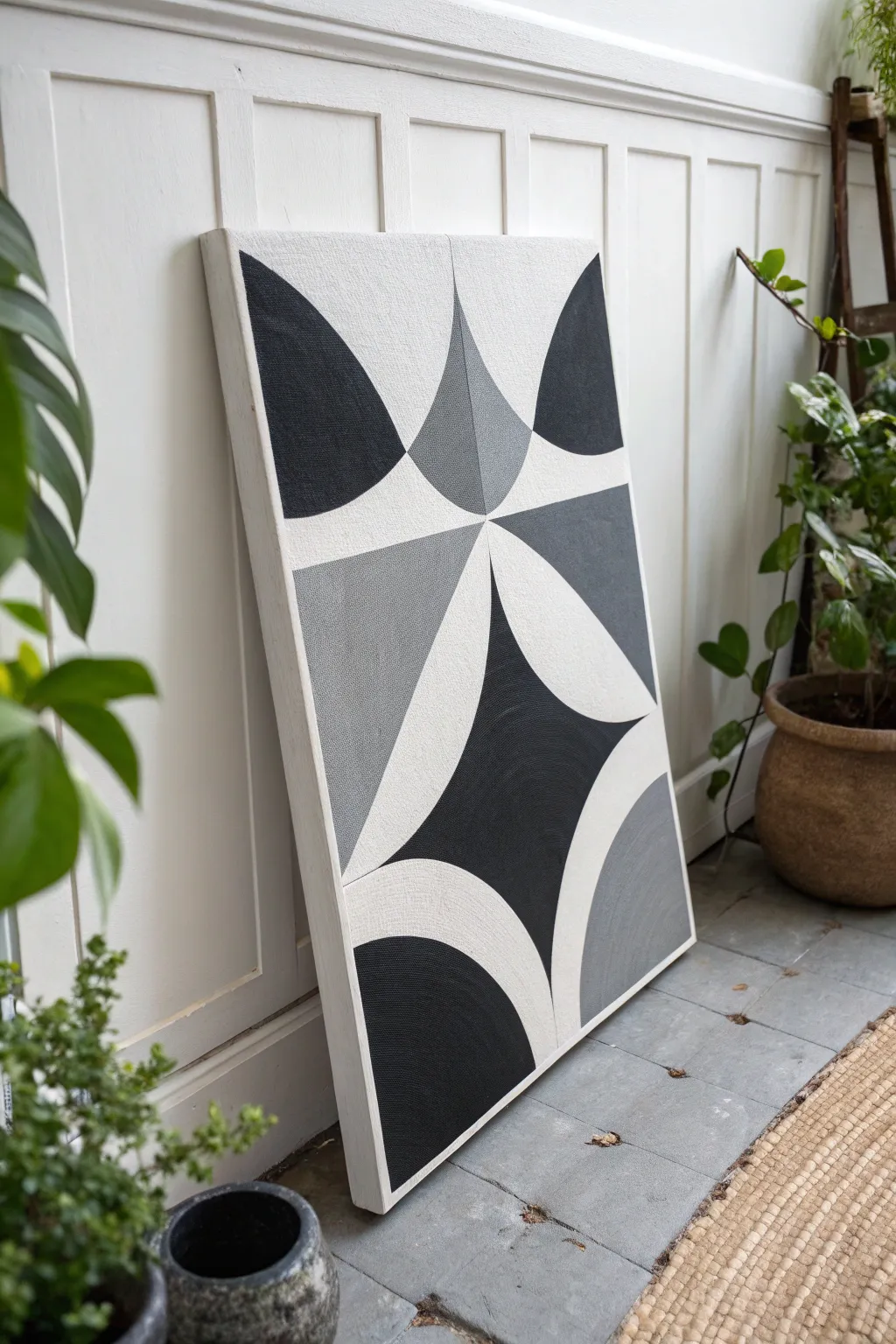 Graphic black and white canvas with overlapping shapes for a clean, modern geometric look