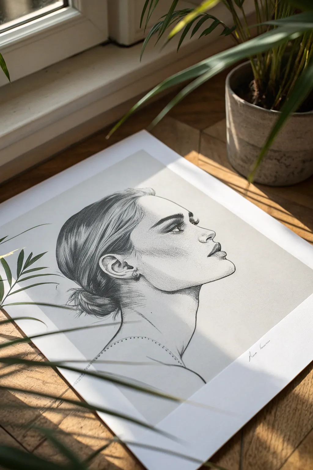 Minimal line portrait with one bold black shadow shape for a striking, poster-like effect.