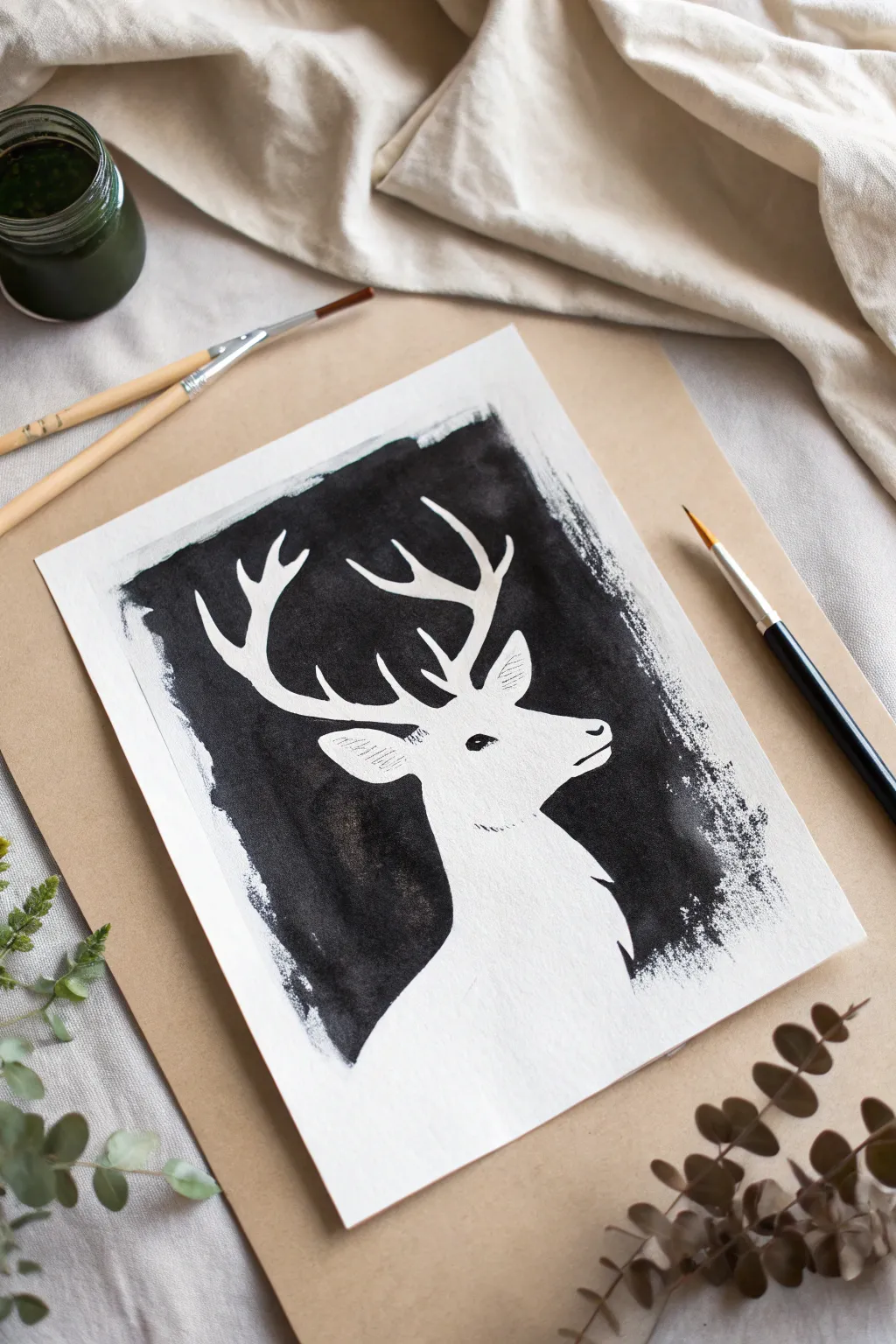 High-contrast negative space deer silhouette, minimalist black ink wash on crisp white paper