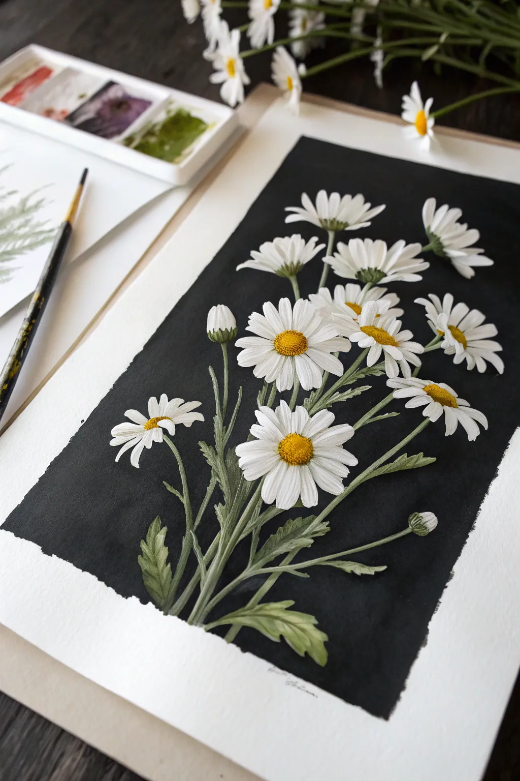 Crisp white daisies with soft gray shadows glowing against a deep matte black background.