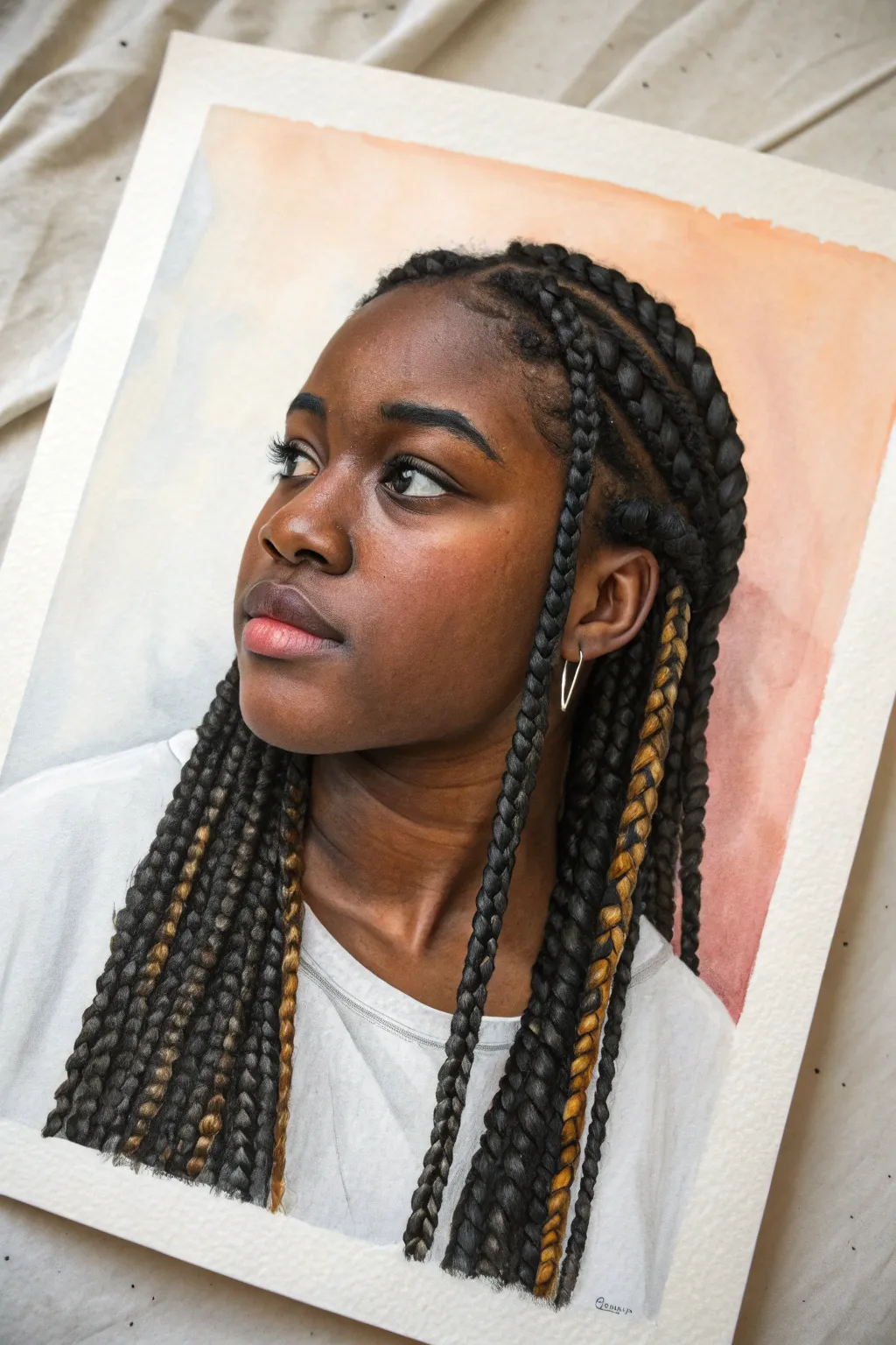 Minimal faceless portrait with long box braids fading into bright ombre tips, beginner friendly