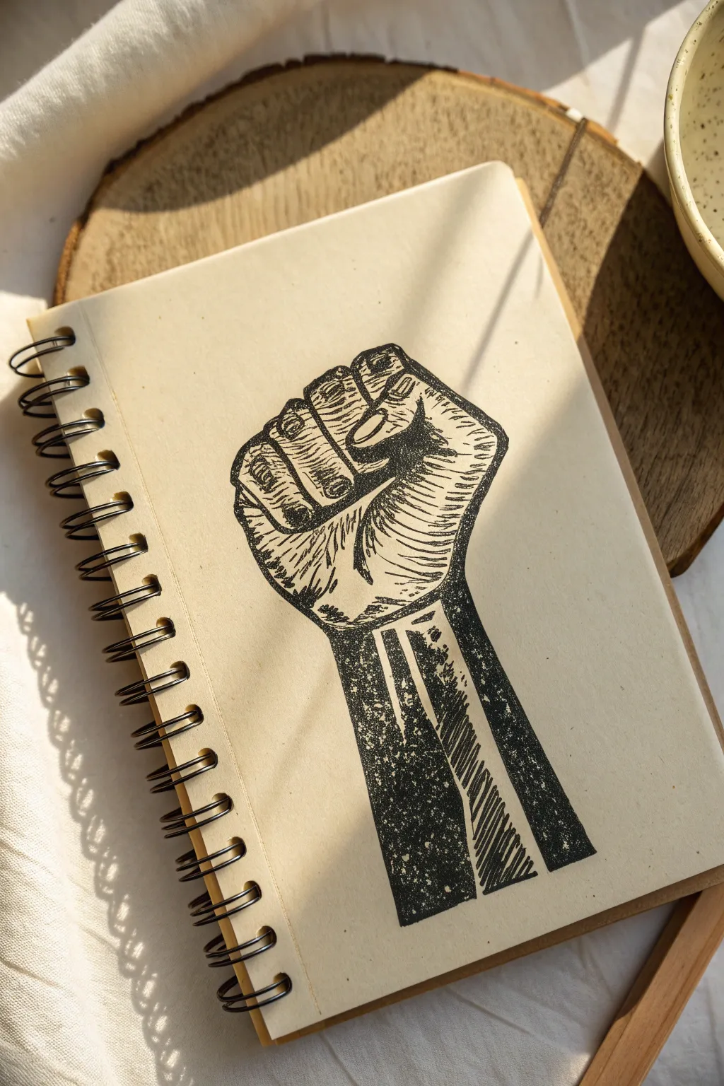 Bold raised fist with crosshatch texture, a minimalist Black History Month drawing idea