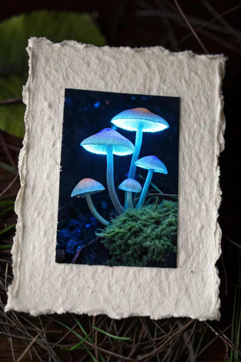 Neon-capped mushrooms glow under UV, turning a quiet forest sketch into dreamy blacklight art.