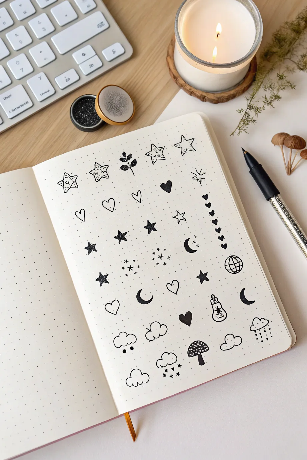 Minimal black marker sticker doodles sheet with bold icons and airy Scandinavian white space