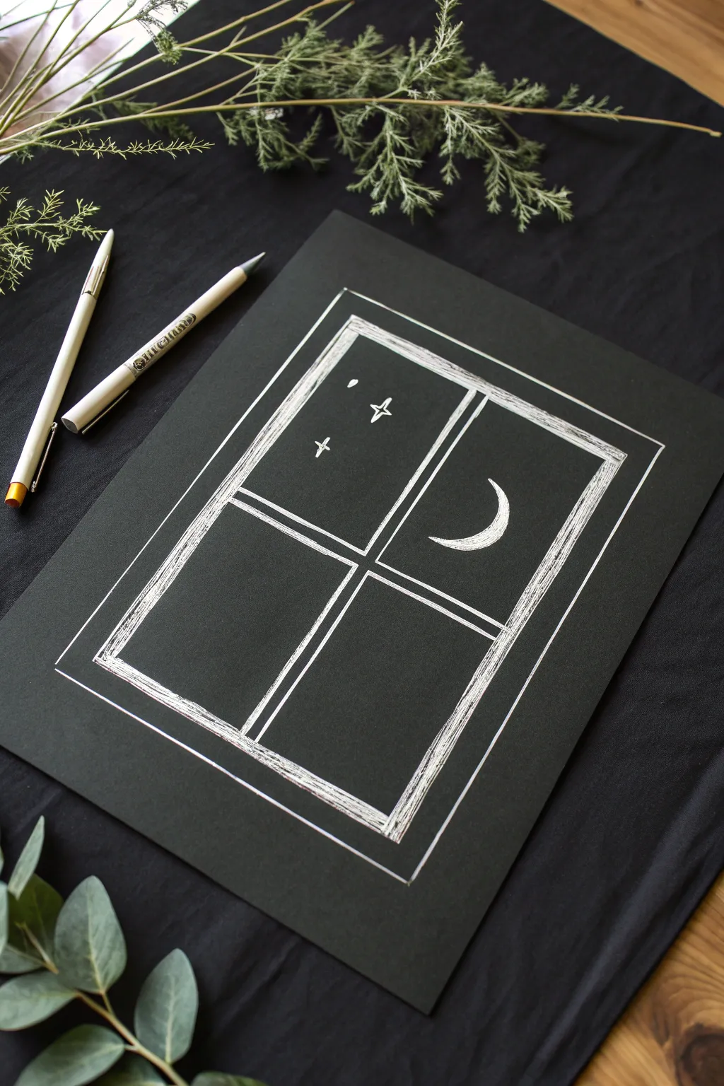 Moonlit window sketch on black paper, minimalist lines and soft reflections for calm night vibes
