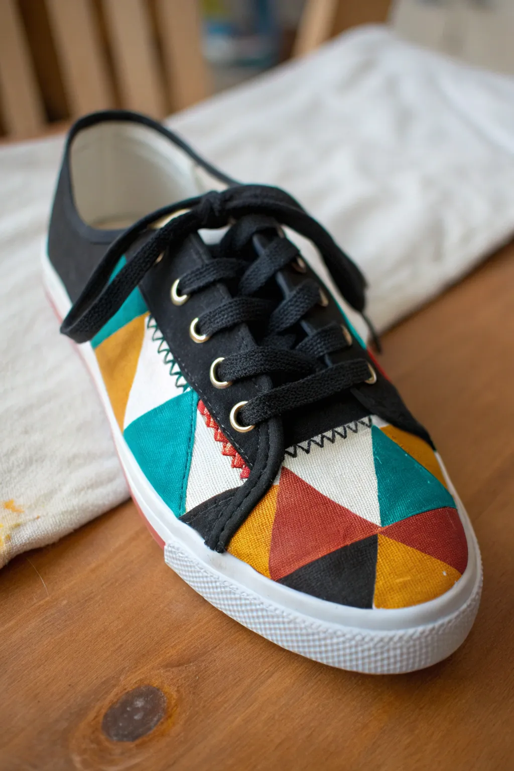 Bold geometric color blocking on a black shoe with crisp tape lines and vibrant paint blocks.