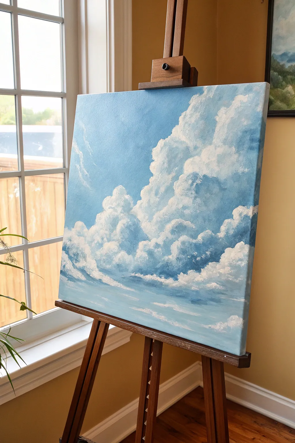 Soft cool-blue acrylic sky with fluffy clouds, minimalist canvas inspiration for calm, airy days.