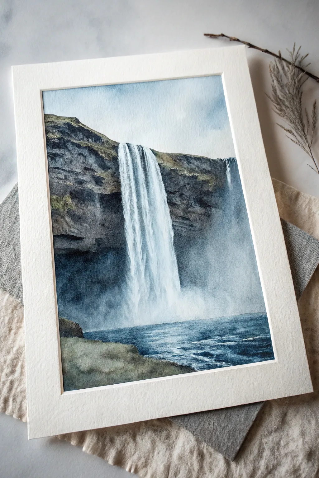 Dreamy waterfall mist dissolving into cool blue wash, minimalist and soothing for easy painting.