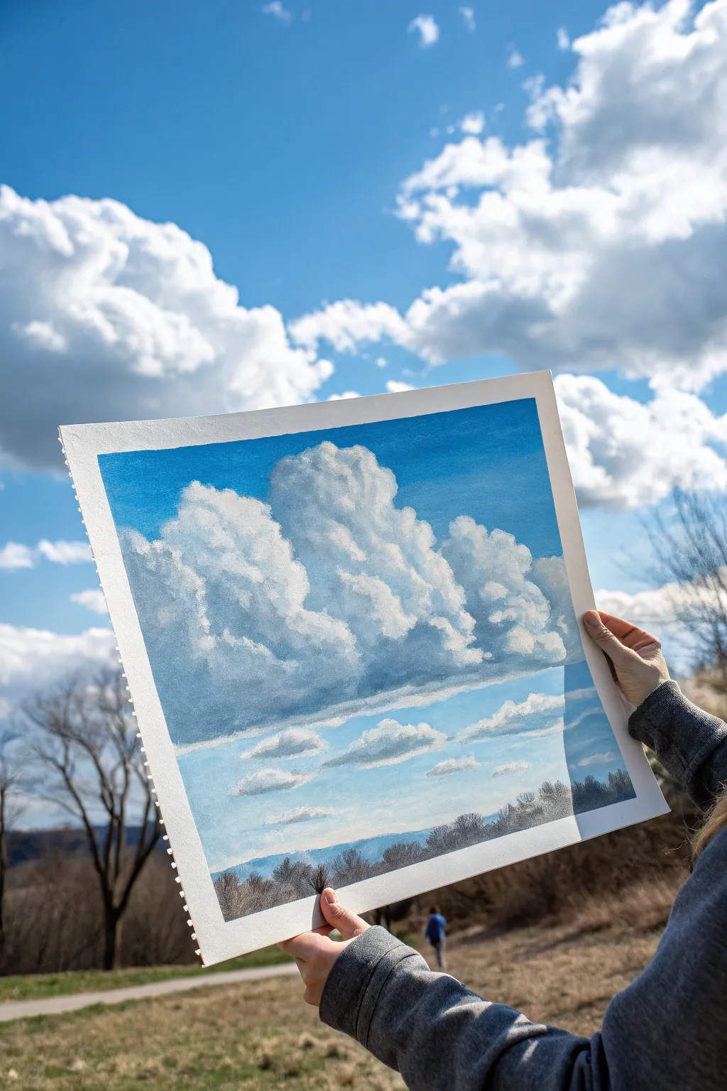 Paint a glowing blue sky by adding cool gray-blue shadows under sunlit clouds for contrast
