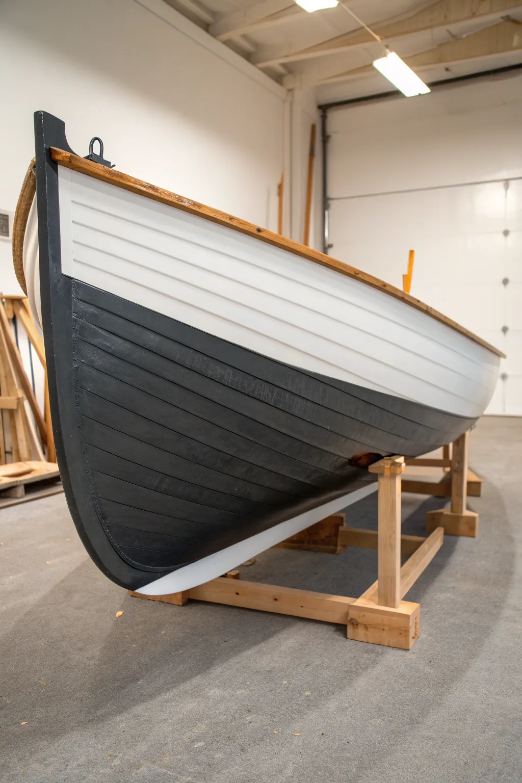 Matte charcoal below, glossy white above, a crisp waterline contrast for modern boat paint ideas.
