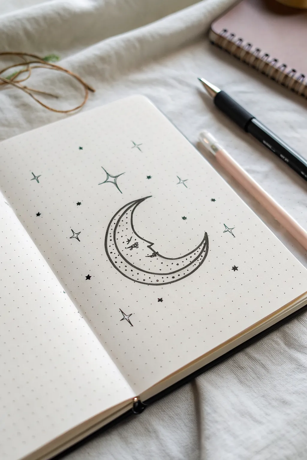 Easy boho night sky: a simple crescent moon with tiny dot-and-dash stars on a blush wash