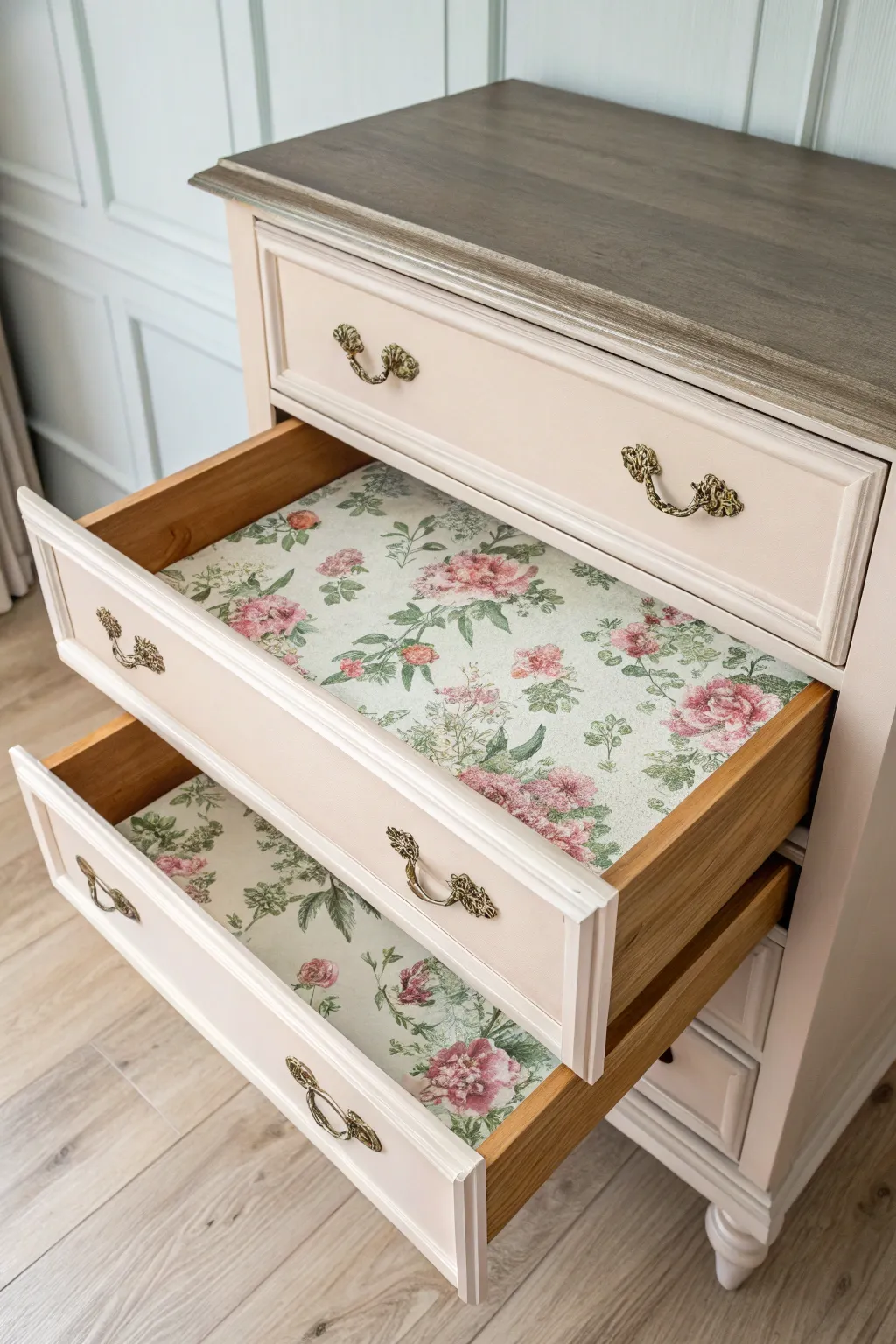 Floral decoupage drawer inserts paired with matte paint for an effortless boho furniture upgrade