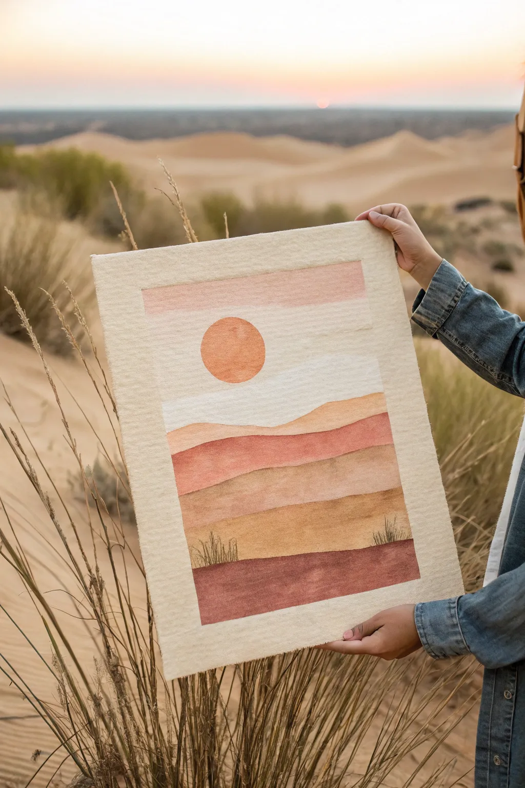 Easy boho desert horizon: two calm bands and a sun disk, minimalist and beautifully handmade