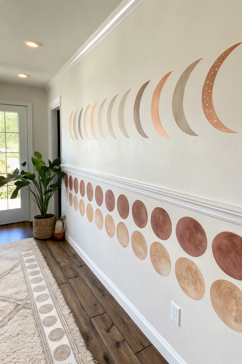 Warm neutral moon phases mural for a calm boho nook, simple shapes with soft handmade shading