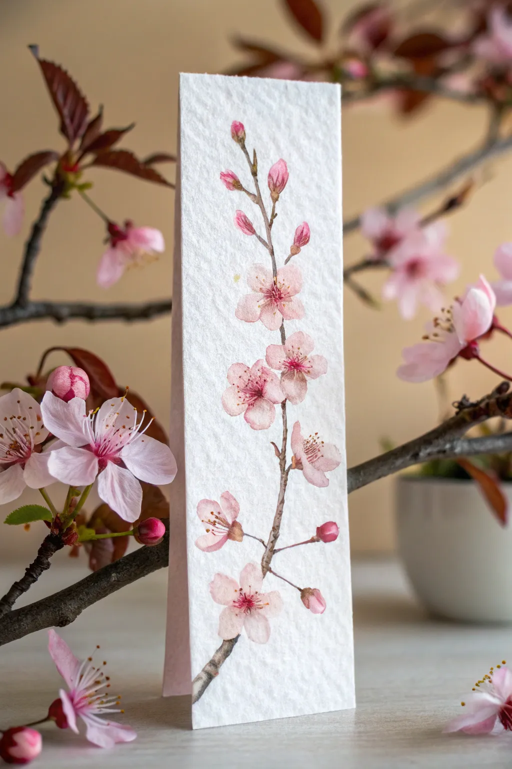 Acrylic bookmark with a bold cherry blossom corner branch, soft pastels and airy petals.