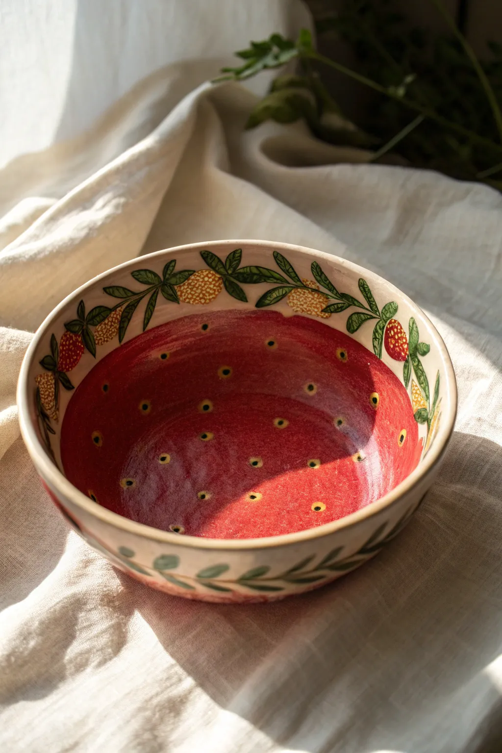 Strawberry-red bowl interior with sunny seed speckles and a leafy green crown near the rim