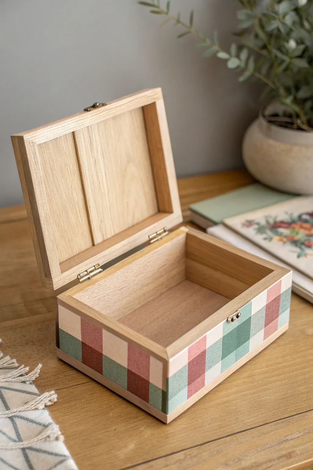 Cozy plaid painted box in muted tones, minimal yet heirloom inspired for your next project