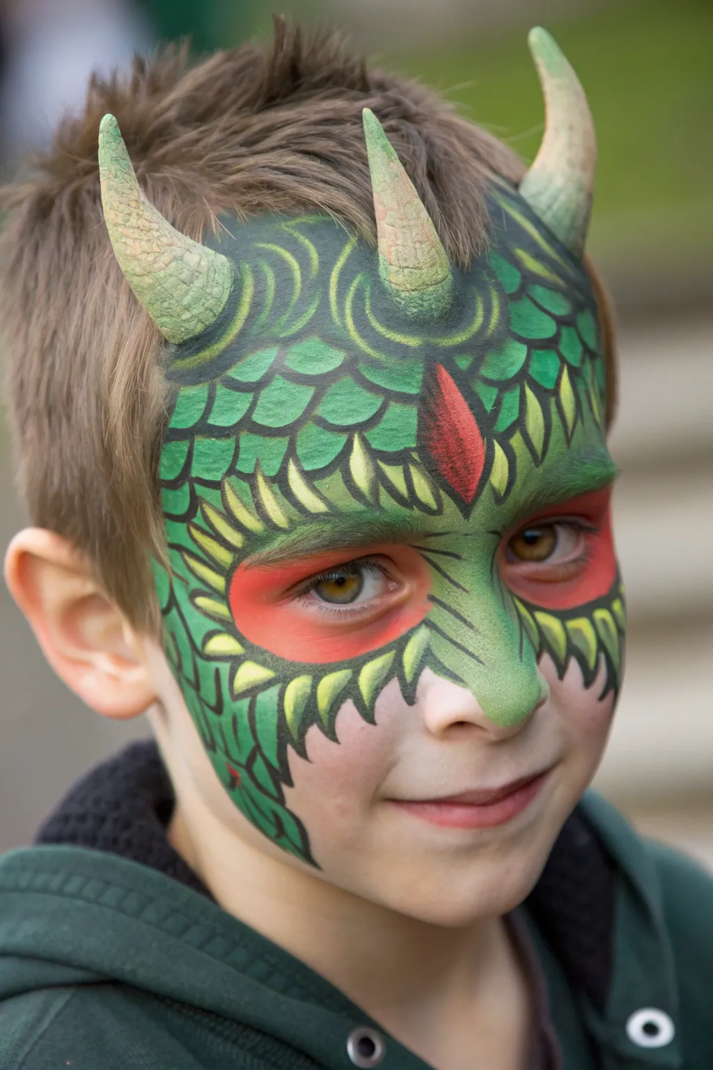 Straight-on dragon face paint with green scales, horns, and fiery mouth gradient for easy copying