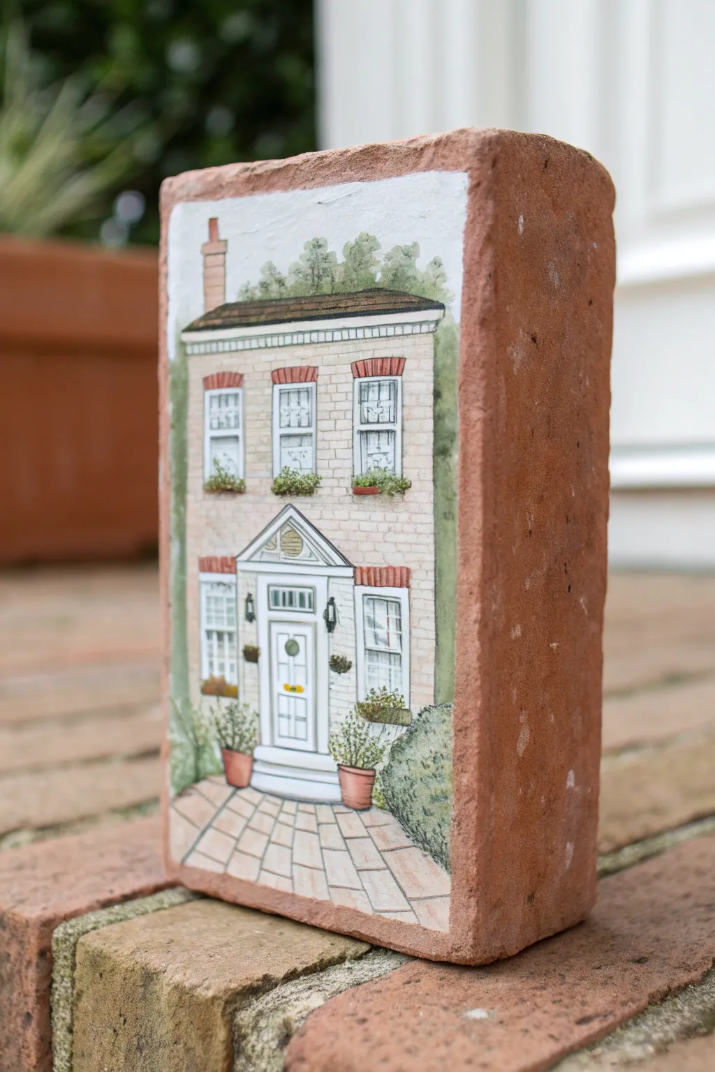 Mini neighborhood painted on a single brick, warm storybook details in minimalist Nordic styling.