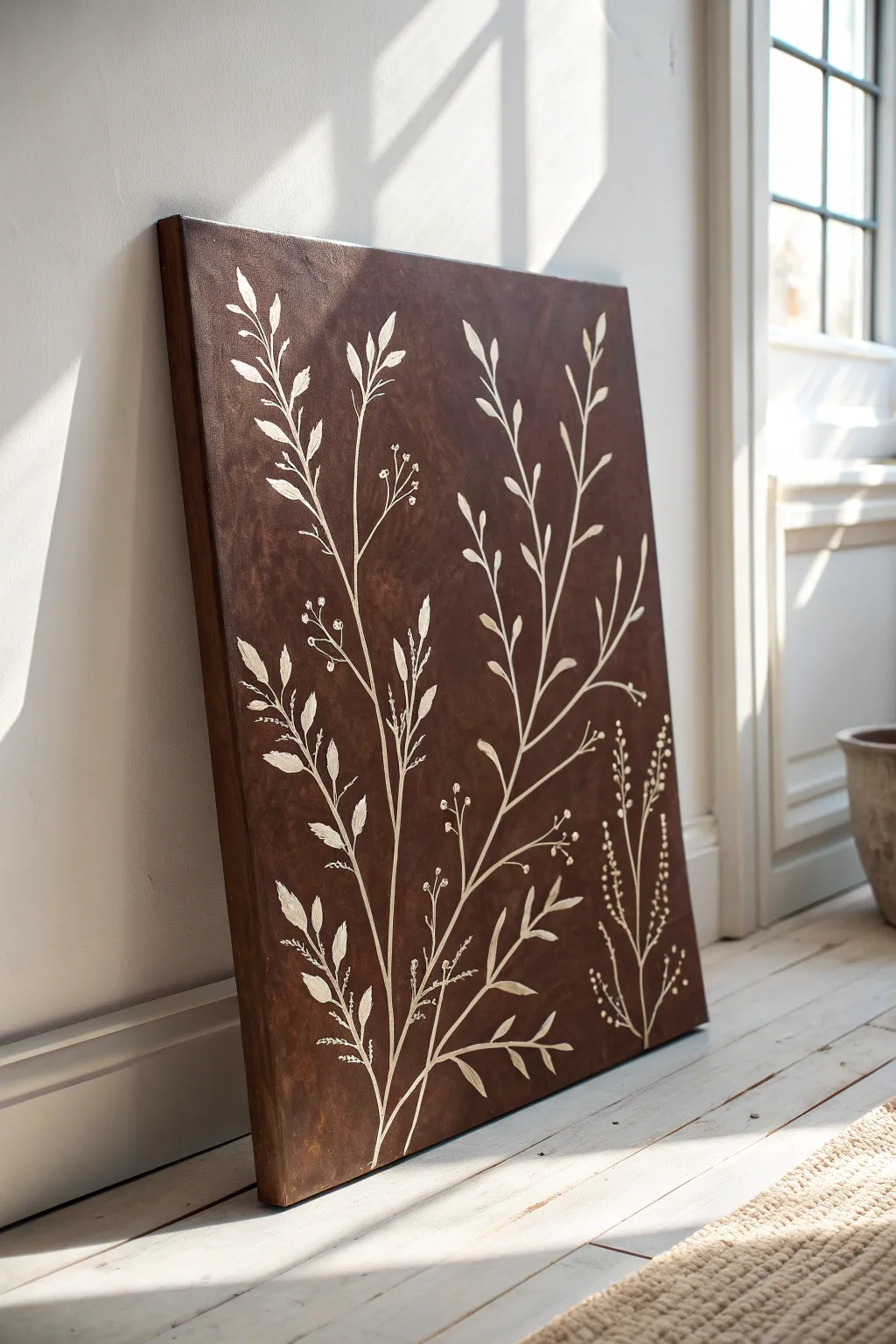 Chocolate brown canvas with delicate white botanicals, minimalist boho mood with lots of air