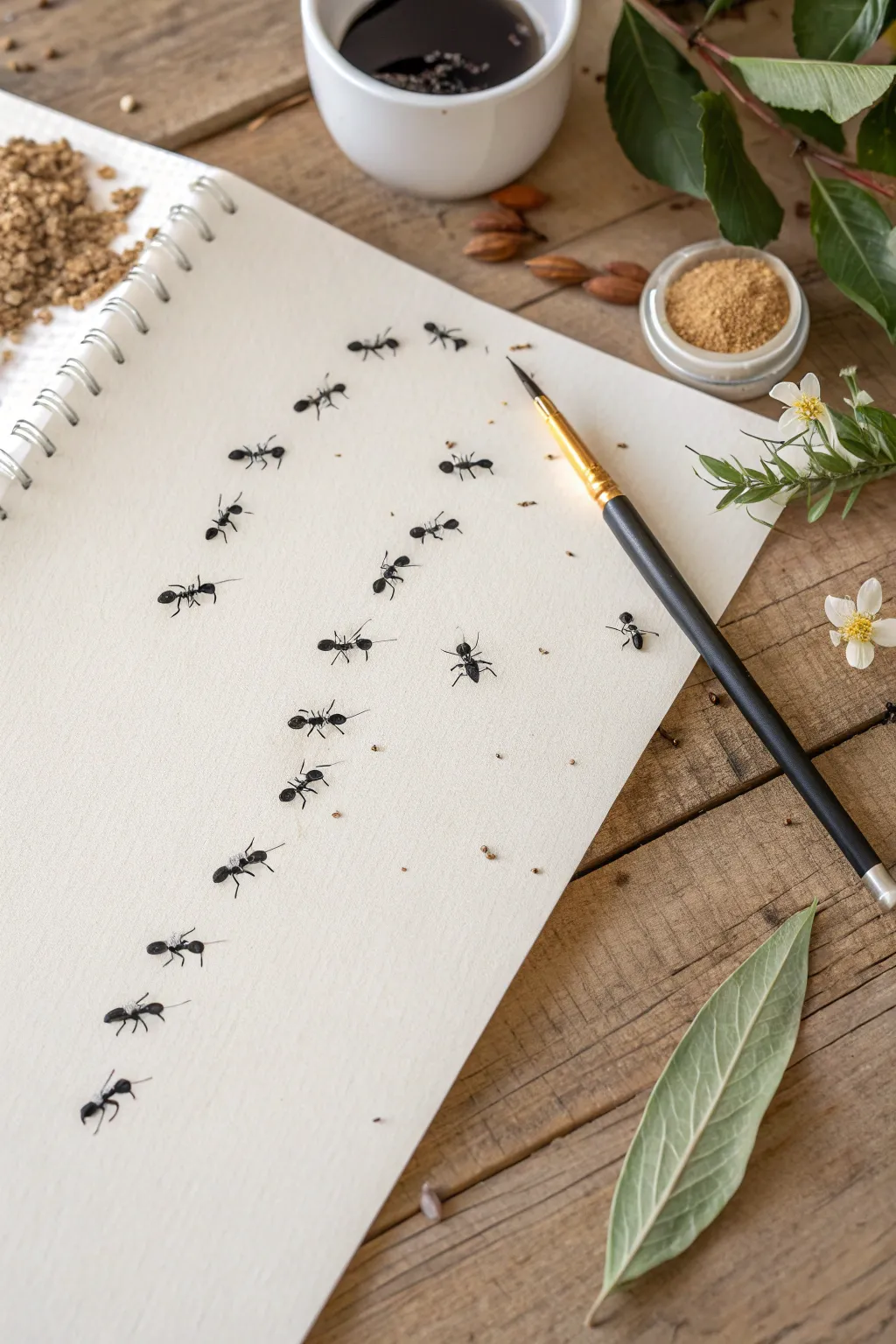 Ant trail across the page: a minimal bug painting idea with crisp contrast and airy space