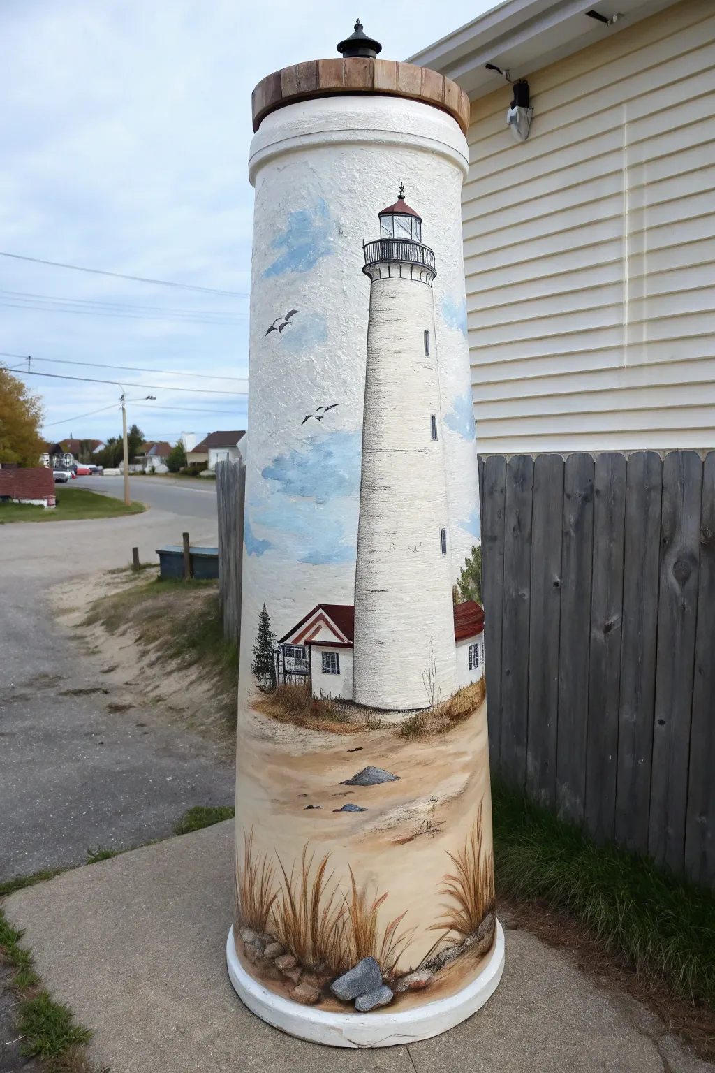 Wraparound lighthouse buoy in minimalist coastal tones, perfect for modern boho painting.