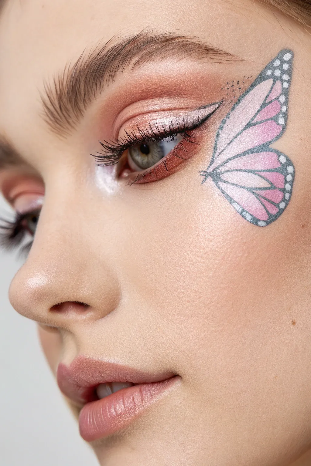 Bold-lid butterfly wing face paint focused on one eye, with delicate inner-corner veins
