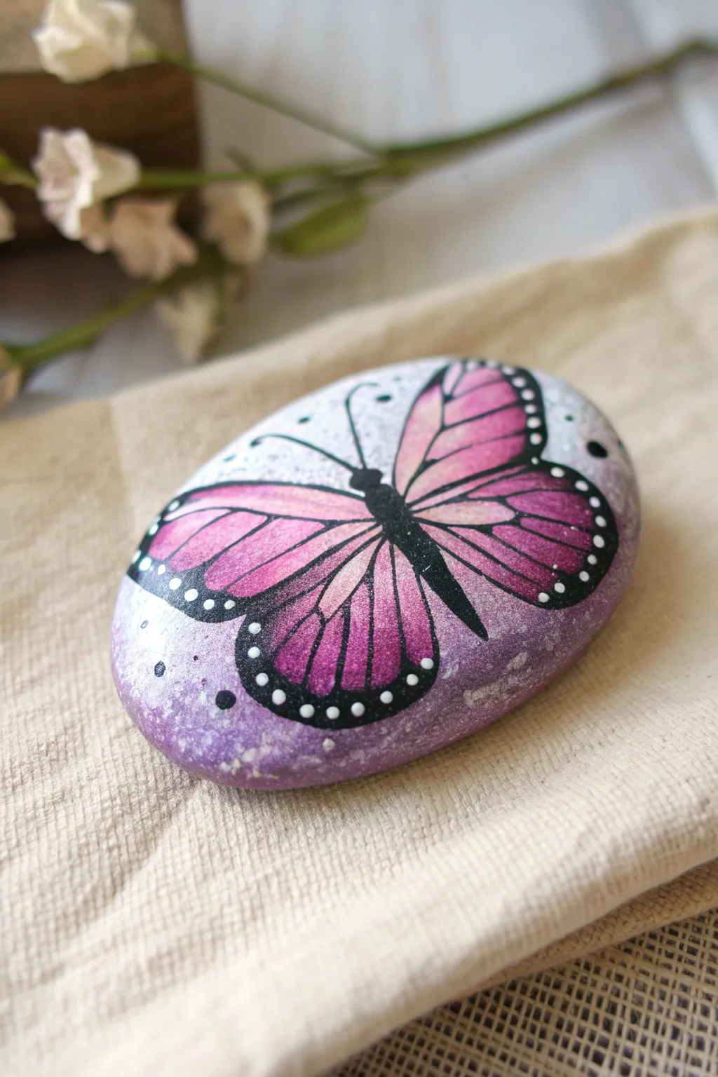 Pink-to-purple ombré butterfly rock with softly blended wings in a calm boho minimalist style.