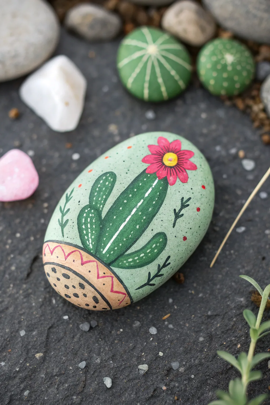 Pebble topper bloom: a minimalist cactus rock with a bright painted flower for easy DIY charm