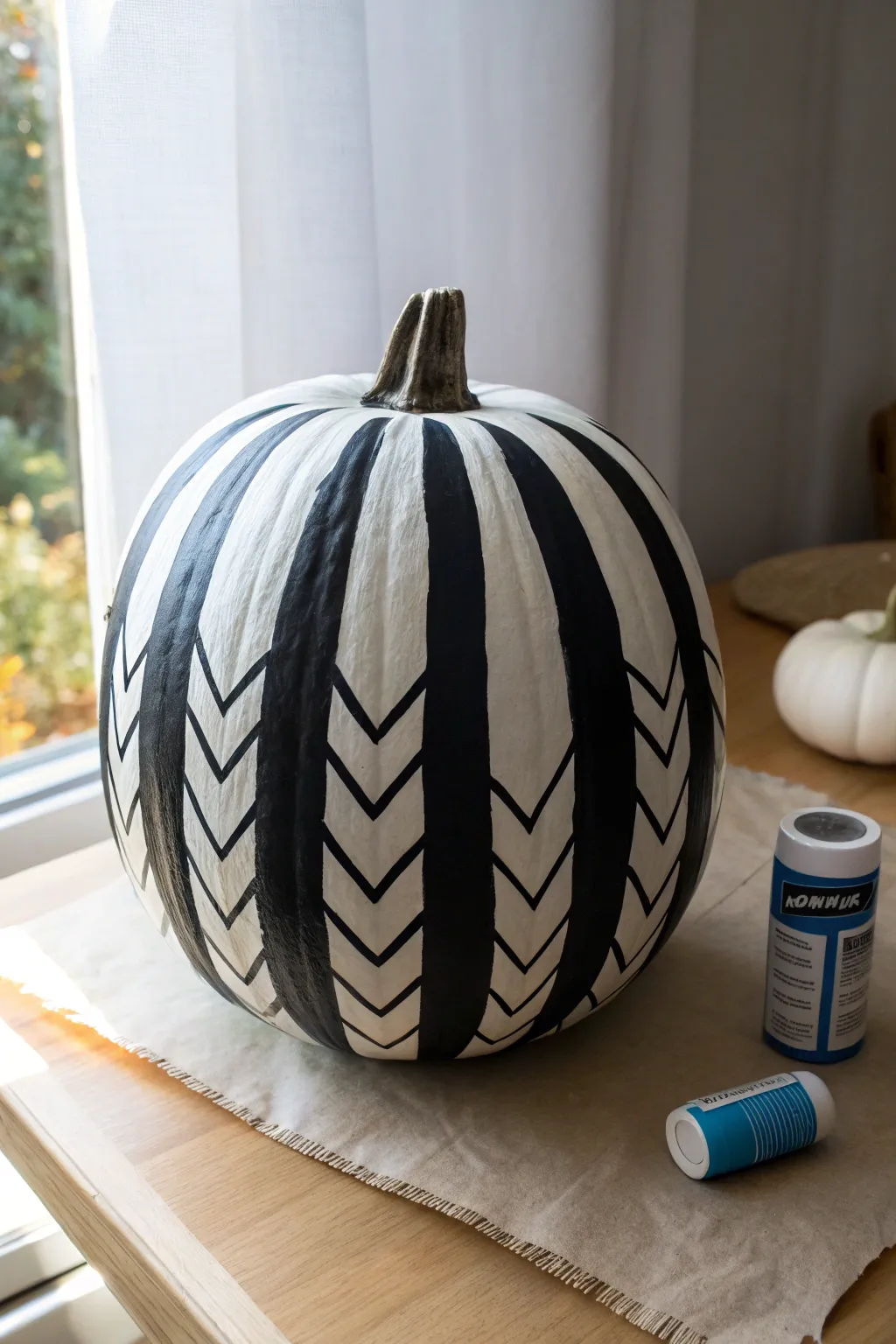 Bold black and white striped pumpkin with chevron band, clean minimalist fall craft inspo