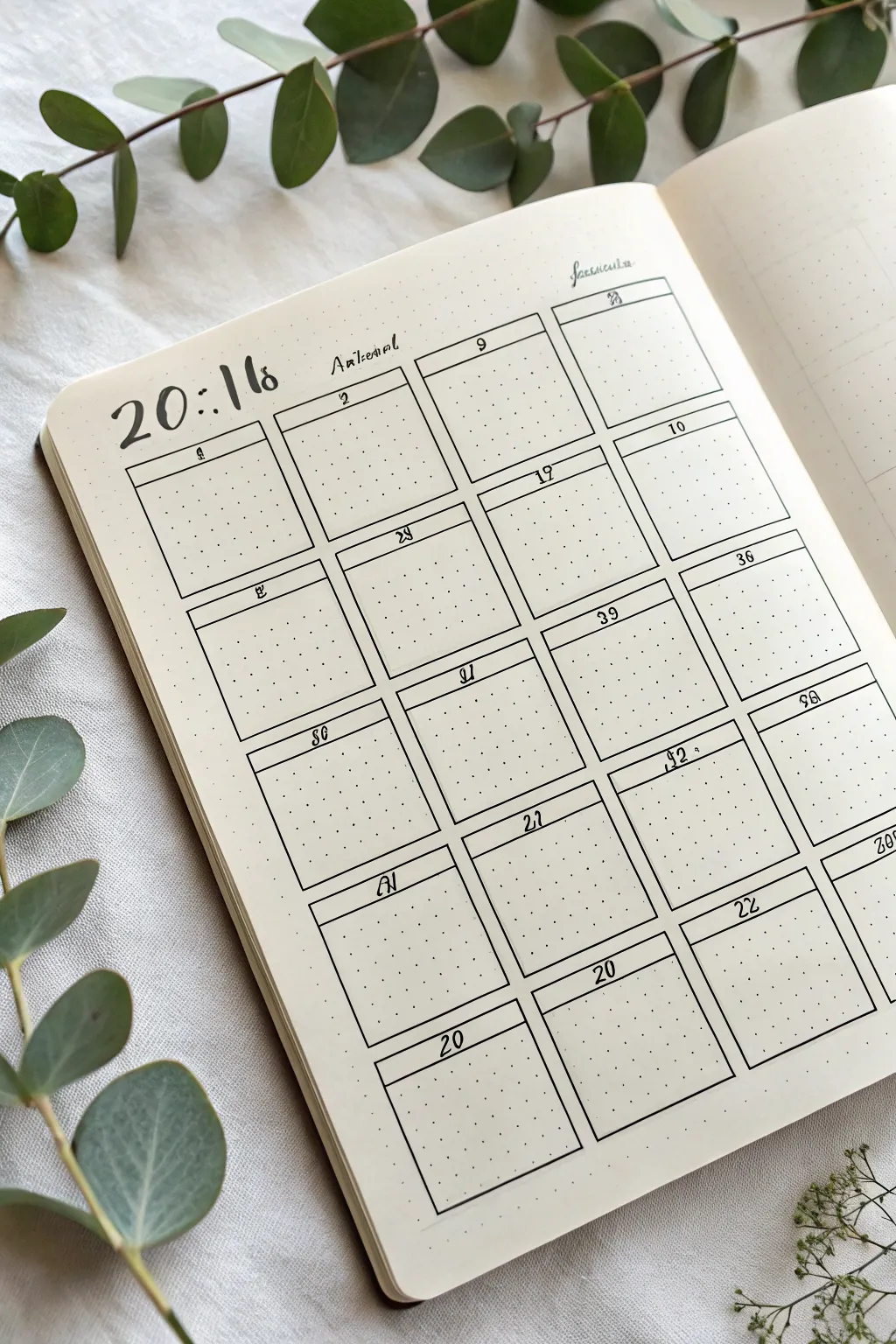 Year-at-a-glance tiny calendar grid page with subtle leafy doodles, minimal and calming