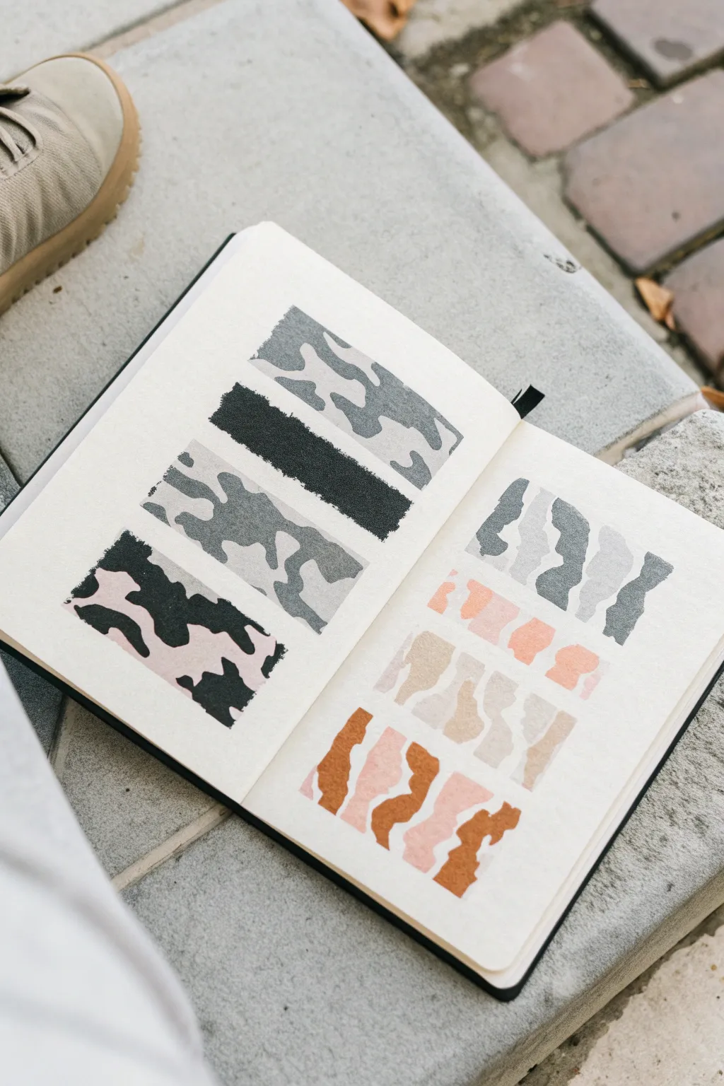 Urban gray and black camo swatches on a minimal sketchbook page with subtle concrete texture.