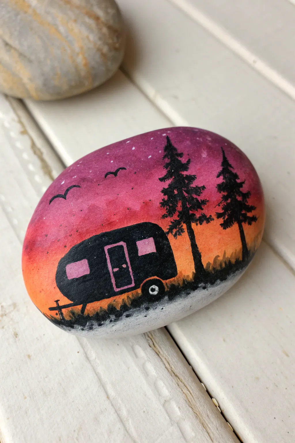 Bold sunset gradient rock with crisp camper silhouette, simple and dreamy Scandinavian boho vibe.