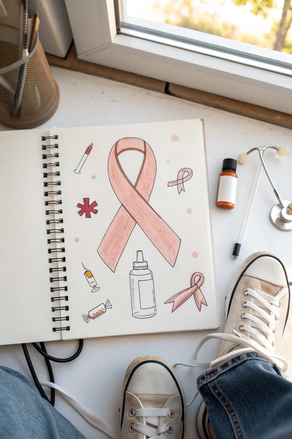 Simple ribbon checklist doodles for cancer awareness, minimalist Scandinavian-boho sketch inspiration
